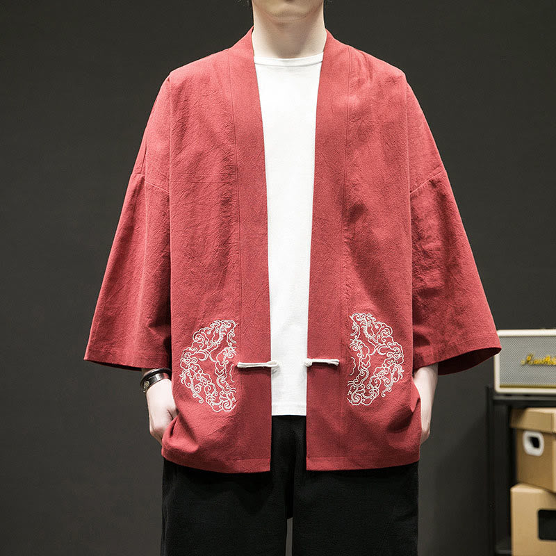 Nimara Ritual Solid Auspicious Clouds Open Front Long Sleeve Jacket Men's Cotton Kimono