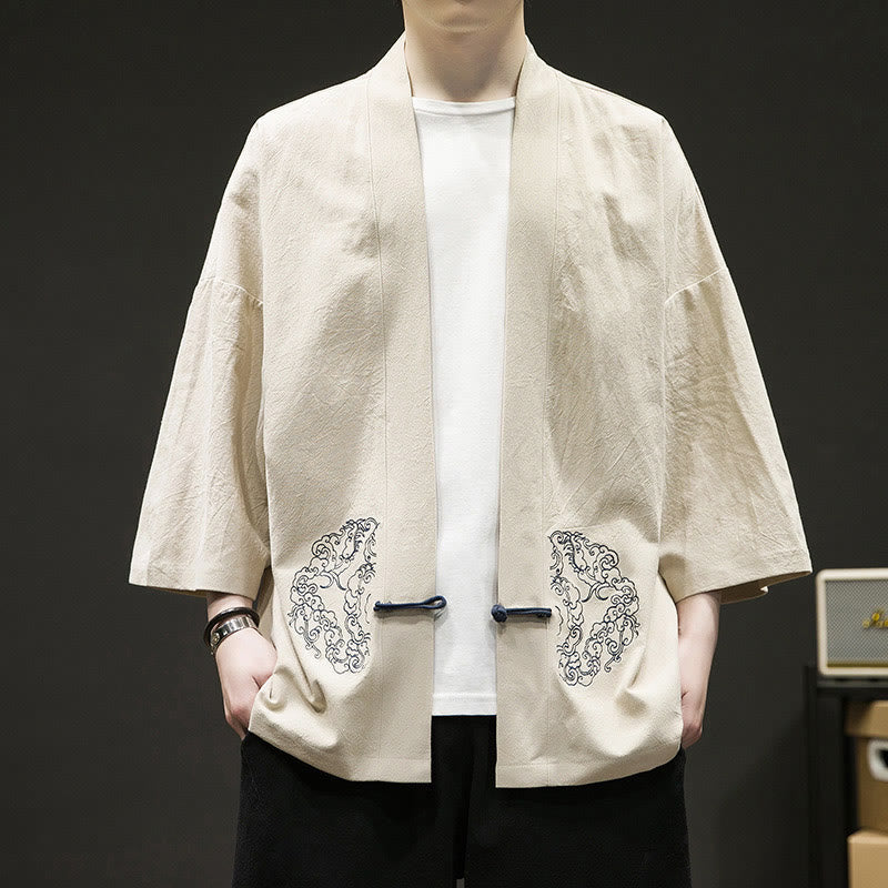 Nimara Ritual Solid Auspicious Clouds Open Front Long Sleeve Jacket Men's Cotton Kimono