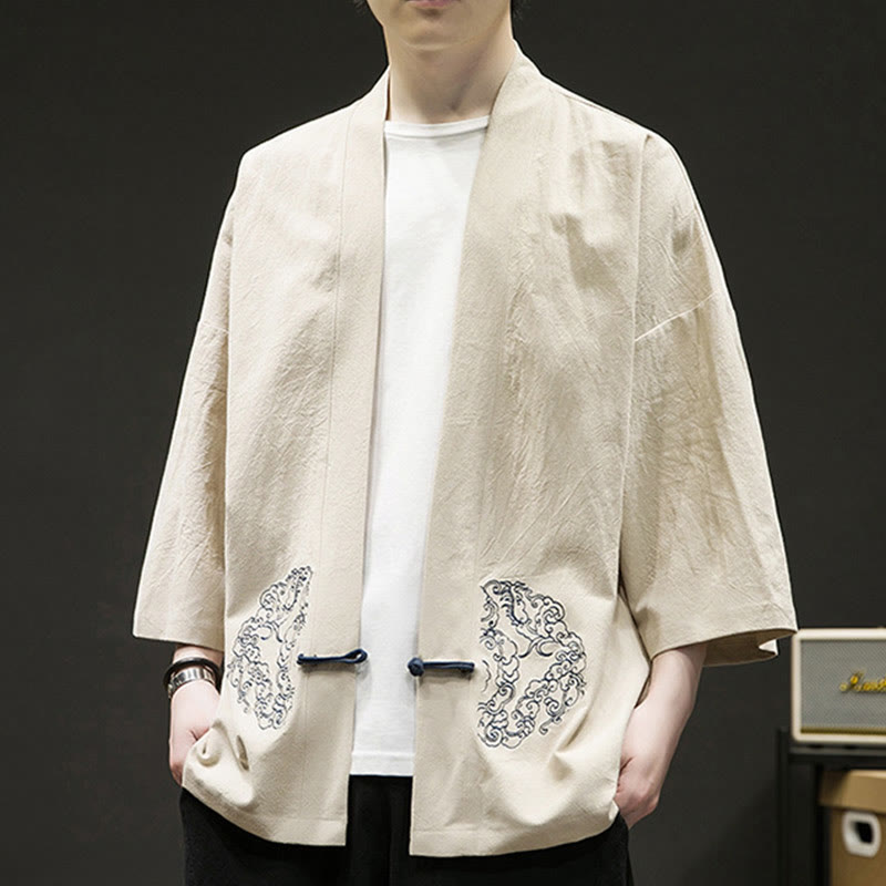 Nimara Ritual Solid Auspicious Clouds Open Front Long Sleeve Jacket Men's Cotton Kimono