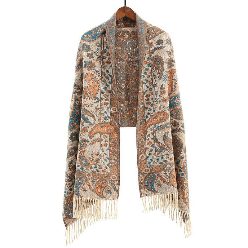 Nimara Ritual Ethnic Embroidered Paisley Flowers Pattern Tassel Soft Scarf Shawl