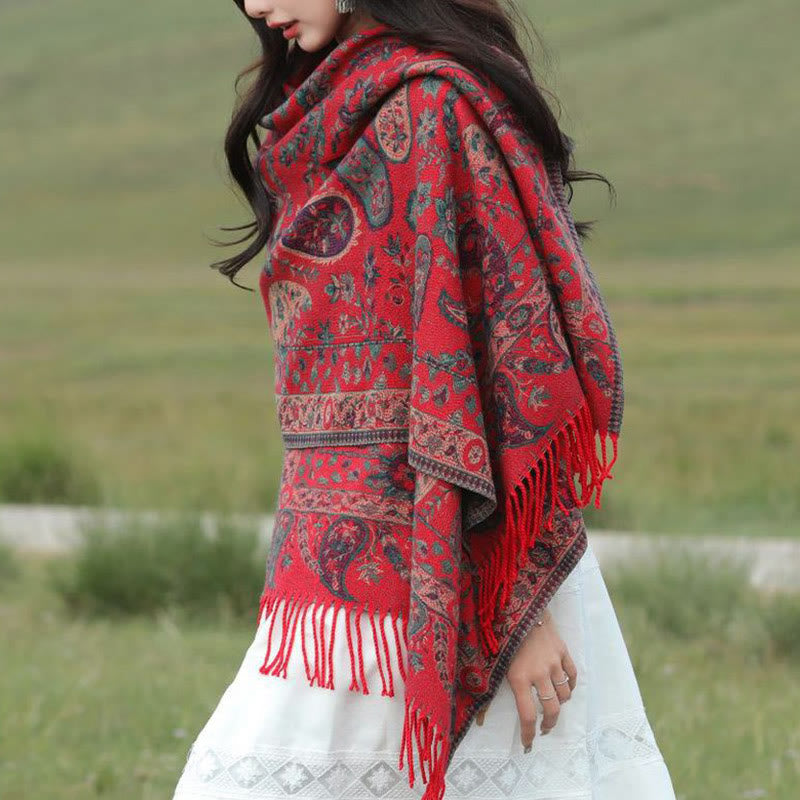 Nimara Ritual Ethnic Embroidered Paisley Flowers Pattern Tassel Soft Scarf Shawl