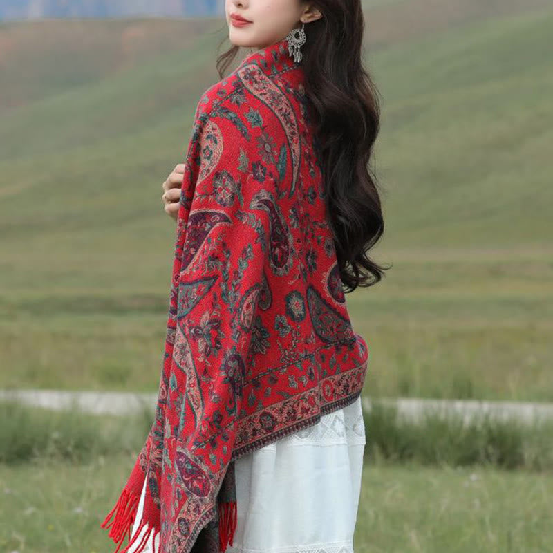 Nimara Ritual Ethnic Embroidered Paisley Flowers Pattern Tassel Soft Scarf Shawl