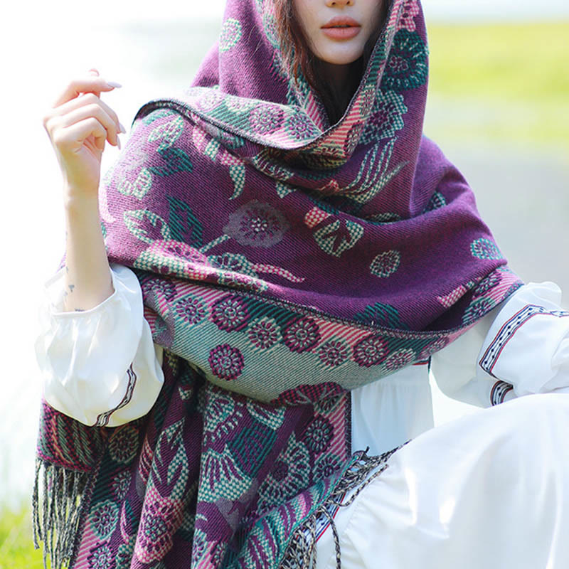 Nimara Ritual Jacquard Ethnic Paisley Plants Pattern Tassel Soft Thermal Scarf Shawl
