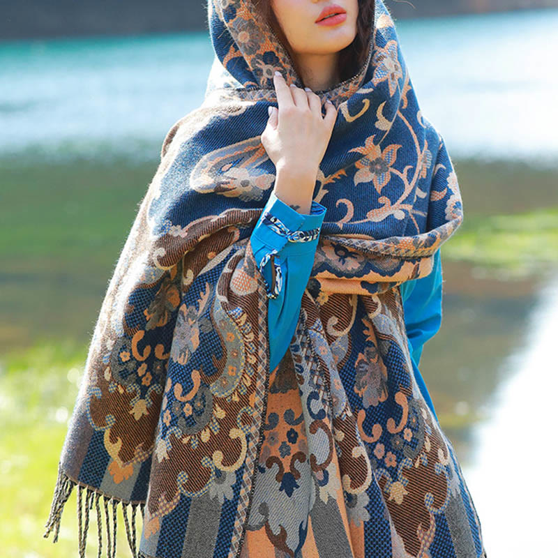 Nimara Ritual Jacquard Ethnic Paisley Plants Pattern Tassel Soft Thermal Scarf Shawl