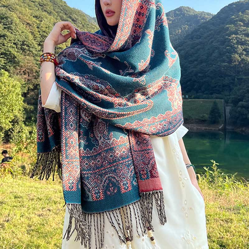 Nimara Ritual Jacquard Ethnic Paisley Plants Pattern Tassel Soft Thermal Scarf Shawl