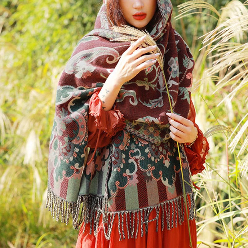 Nimara Ritual Jacquard Ethnic Paisley Plants Pattern Tassel Soft Thermal Scarf Shawl