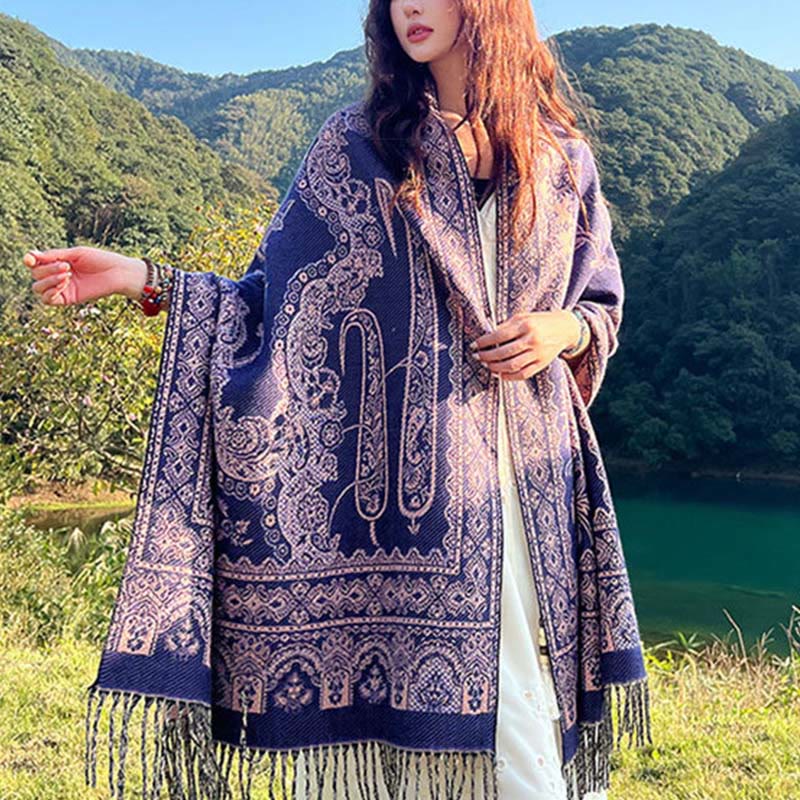 Nimara Ritual Jacquard Ethnic Paisley Plants Pattern Tassel Soft Thermal Scarf Shawl