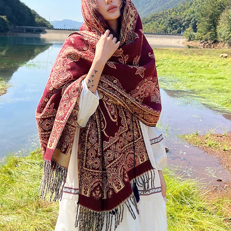 Nimara Ritual Jacquard Ethnic Paisley Plants Pattern Tassel Soft Thermal Scarf Shawl