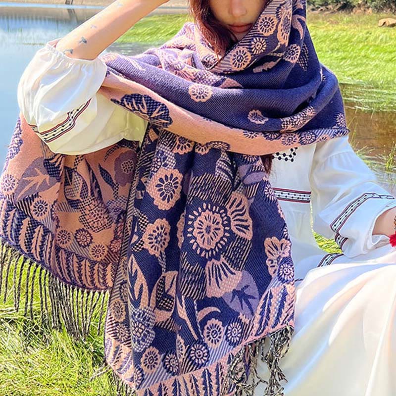 Nimara Ritual Jacquard Ethnic Paisley Plants Pattern Tassel Soft Thermal Scarf Shawl