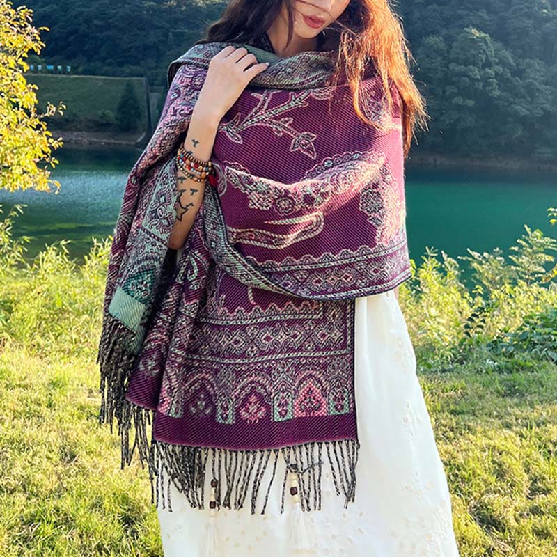 Nimara Ritual Jacquard Ethnic Paisley Plants Pattern Tassel Soft Thermal Scarf Shawl
