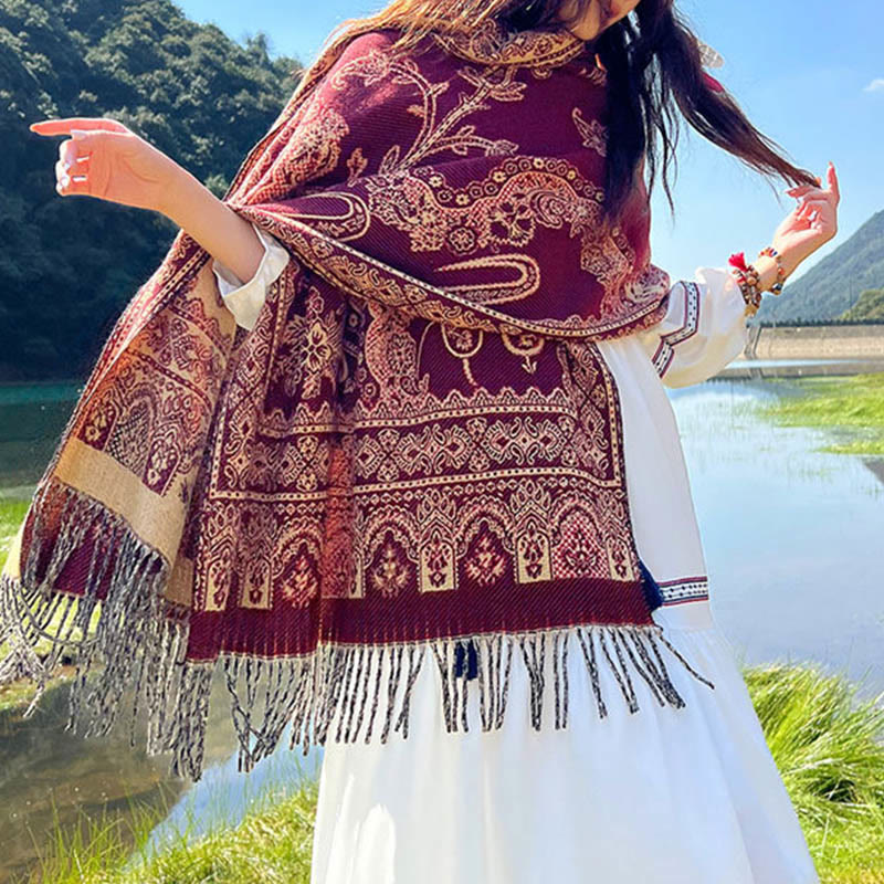 Nimara Ritual Jacquard Ethnic Paisley Plants Pattern Tassel Soft Thermal Scarf Shawl