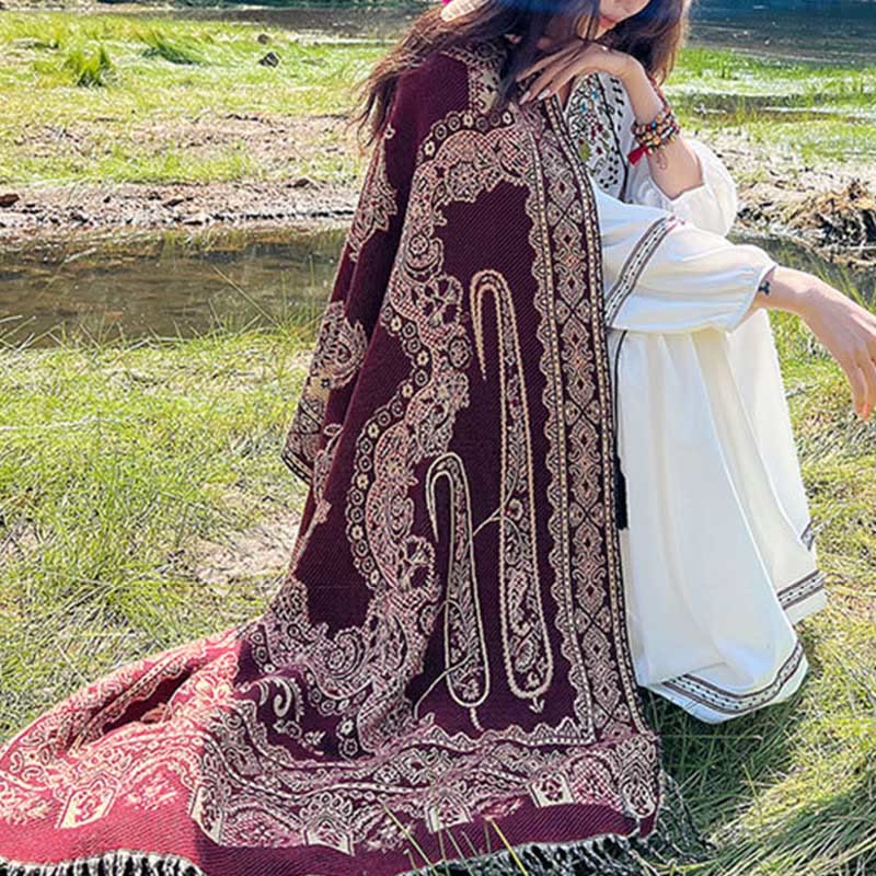 Nimara Ritual Jacquard Ethnic Paisley Plants Pattern Tassel Soft Thermal Scarf Shawl