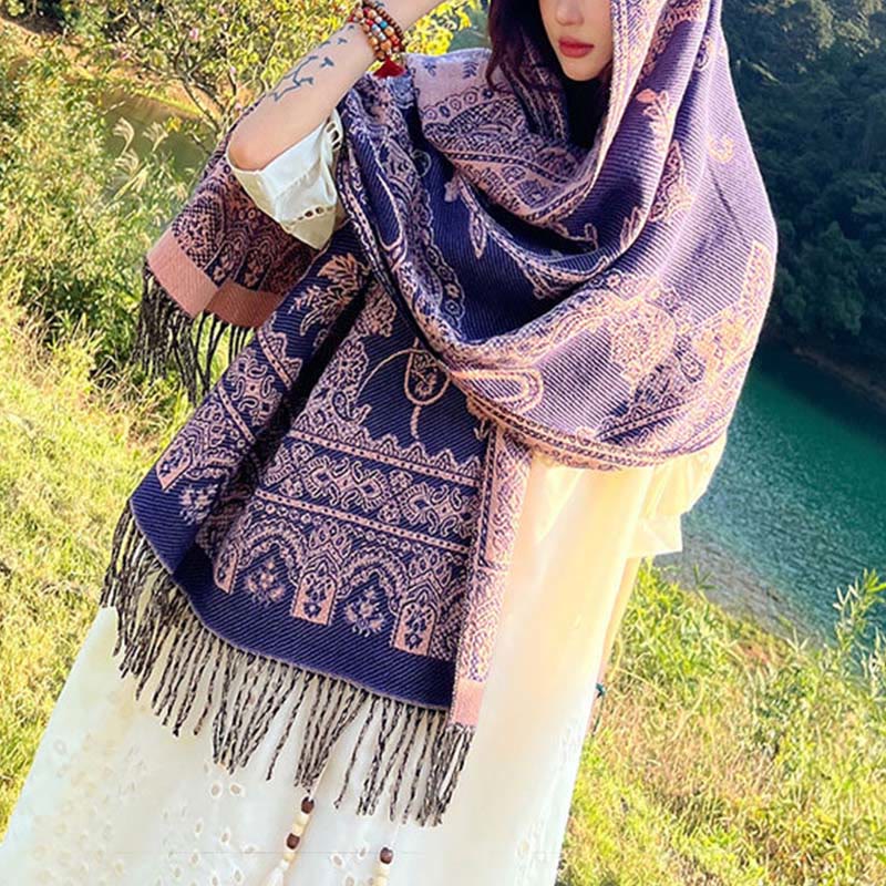 Nimara Ritual Jacquard Ethnic Paisley Plants Pattern Tassel Soft Thermal Scarf Shawl