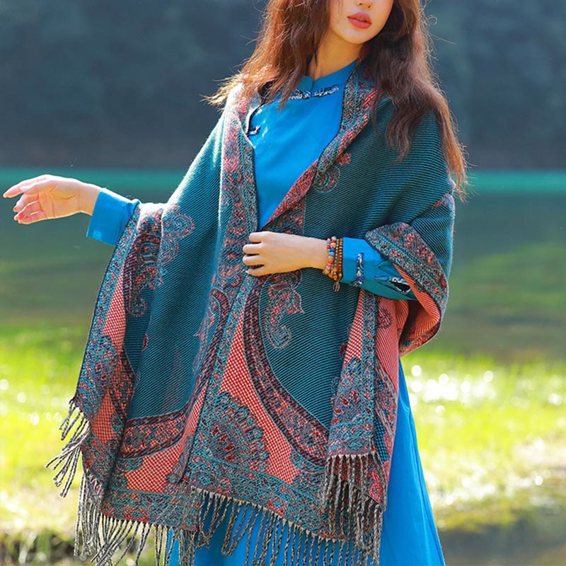 Nimara Ritual Jacquard Ethnic Paisley Plants Pattern Tassel Soft Thermal Scarf Shawl
