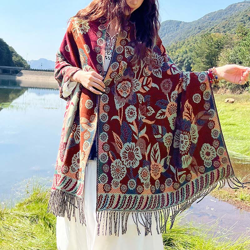 Nimara Ritual Jacquard Ethnic Paisley Plants Pattern Tassel Soft Thermal Scarf Shawl