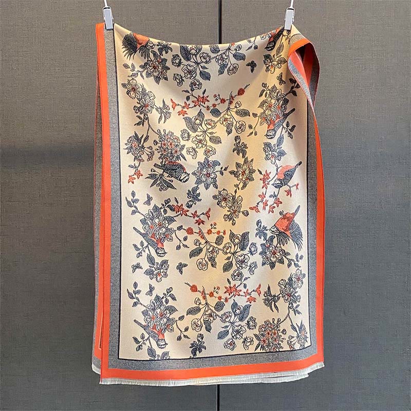 Nimara Ritual Commute Flowers Bird Pattern Color Contrast Design Tassels Cozy Soft Scarf Shawl