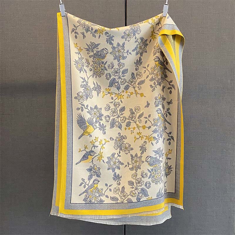 Nimara Ritual Commute Flowers Bird Pattern Color Contrast Design Tassels Cozy Soft Scarf Shawl