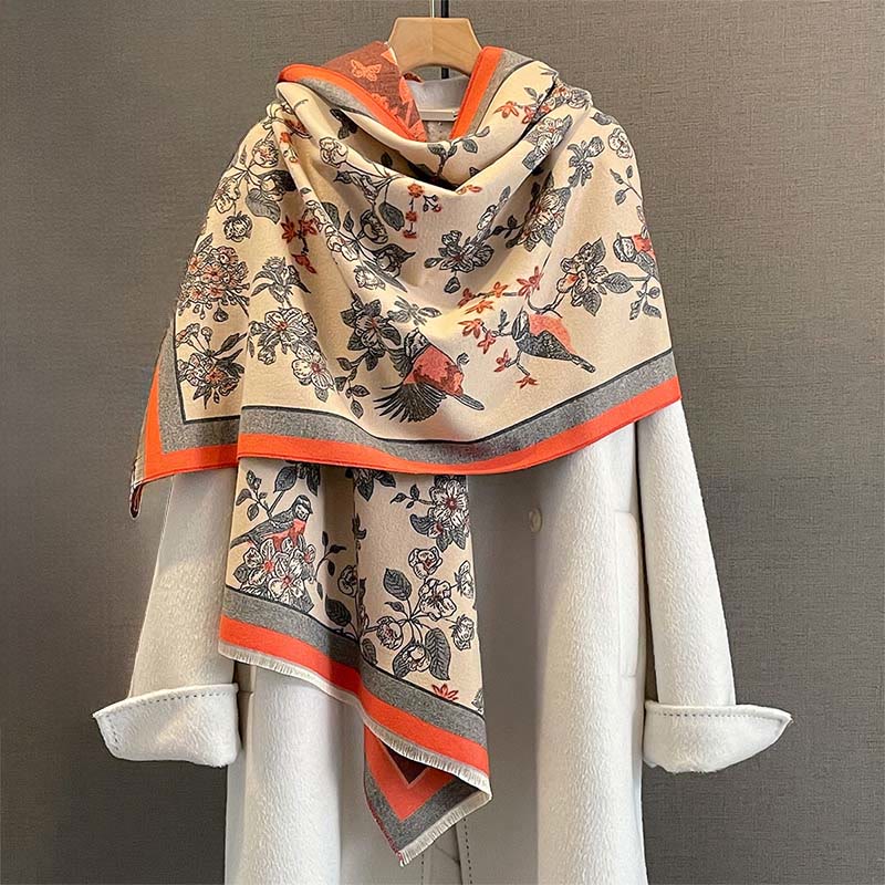 Nimara Ritual Commute Flowers Bird Pattern Color Contrast Design Tassels Cozy Soft Scarf Shawl