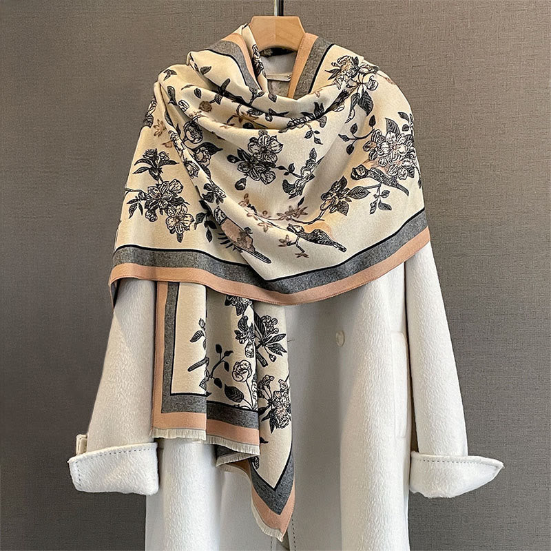 Nimara Ritual Commute Flowers Bird Pattern Color Contrast Design Tassels Cozy Soft Scarf Shawl