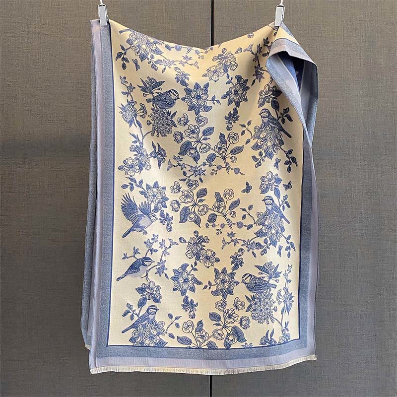 Nimara Ritual Commute Flowers Bird Pattern Color Contrast Design Tassels Cozy Soft Scarf Shawl