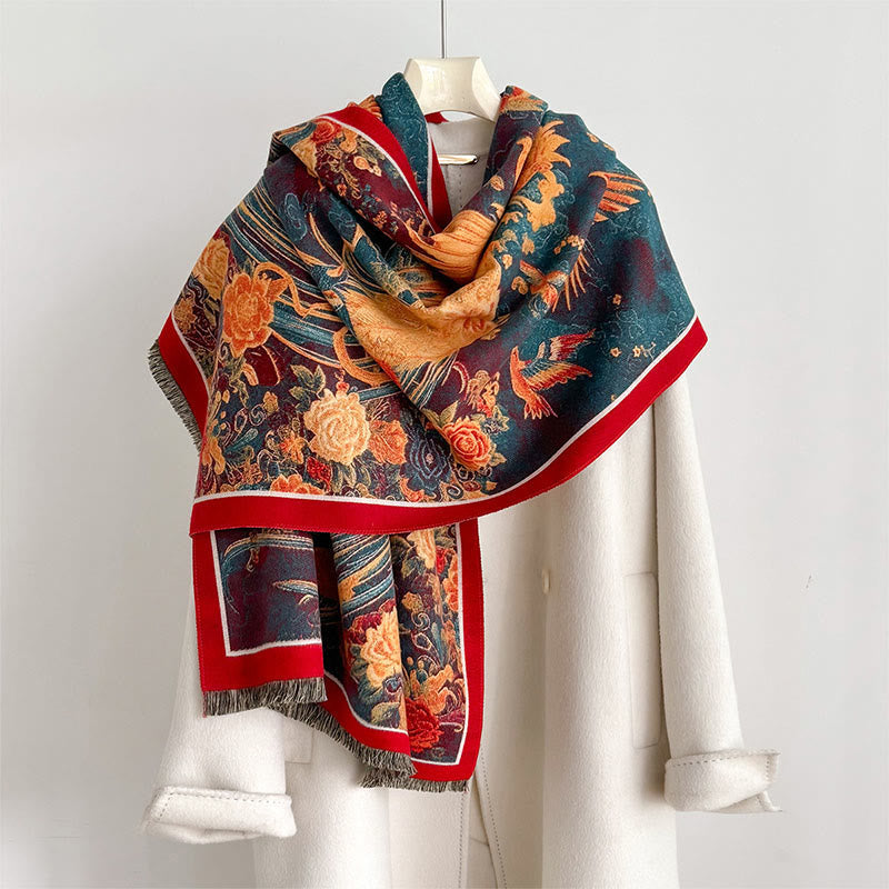 Nimara Ritual Winter Phoenix Flowers Birds Pattern Tassels Thermal Soft Scarf Shawl