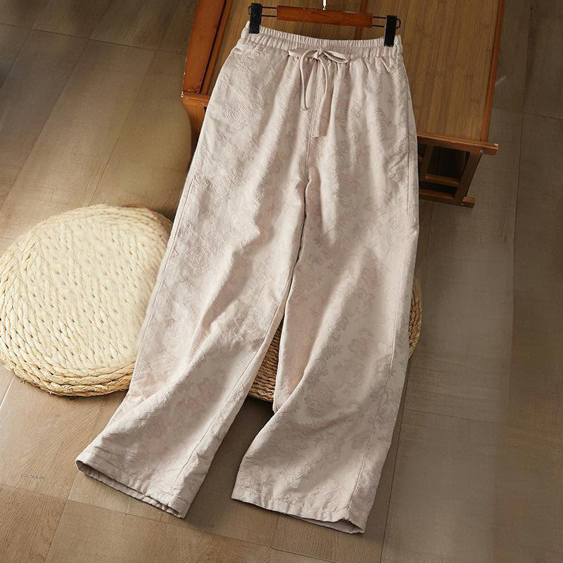 Nimara Ritual Winter Thermal Jacquard Floral Pattern Women's Wide Leg Cotton Pants With Pockets