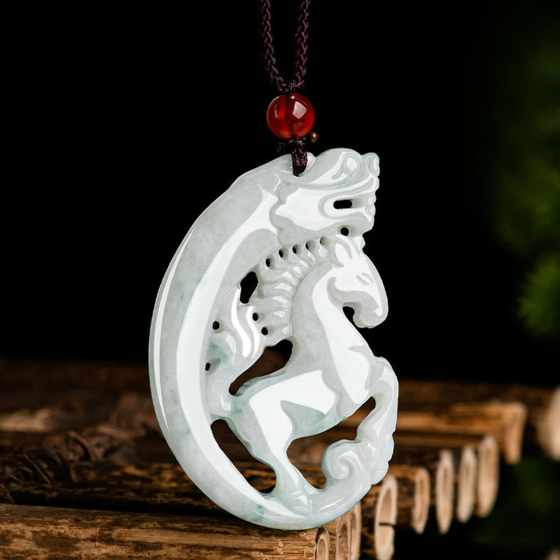 Nimara Ritual Year of the Horse Dragon Jade Prosperity Rope Necklace Pendant