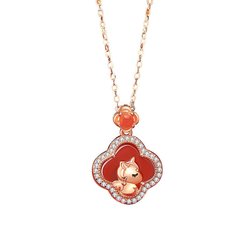 Nimara Ritual 925 Sterling Silver Year Of The Horse Four Leaf Clover Red Agate Calm Necklace Pendant