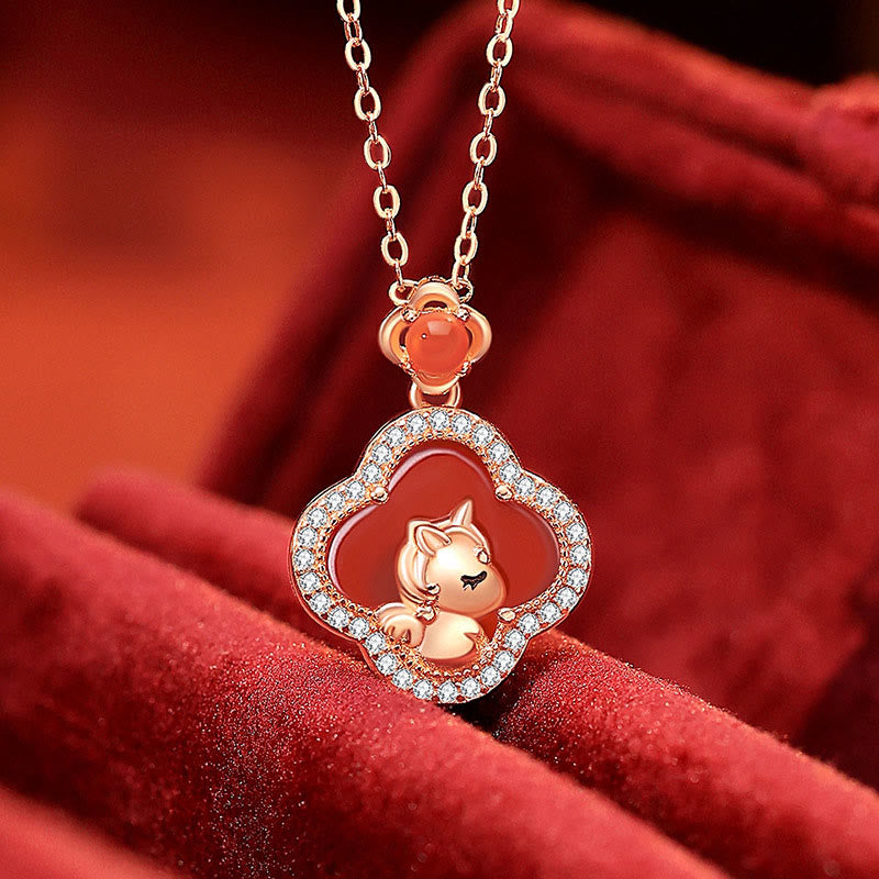 Nimara Ritual 925 Sterling Silver Year Of The Horse Four Leaf Clover Red Agate Calm Necklace Pendant