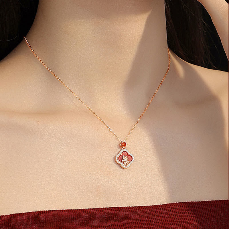 Nimara Ritual 925 Sterling Silver Year Of The Horse Four Leaf Clover Red Agate Calm Necklace Pendant