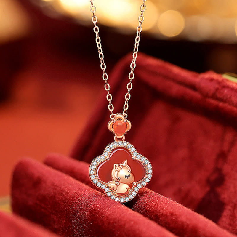 Nimara Ritual 925 Sterling Silver Year Of The Horse Four Leaf Clover Red Agate Calm Necklace Pendant