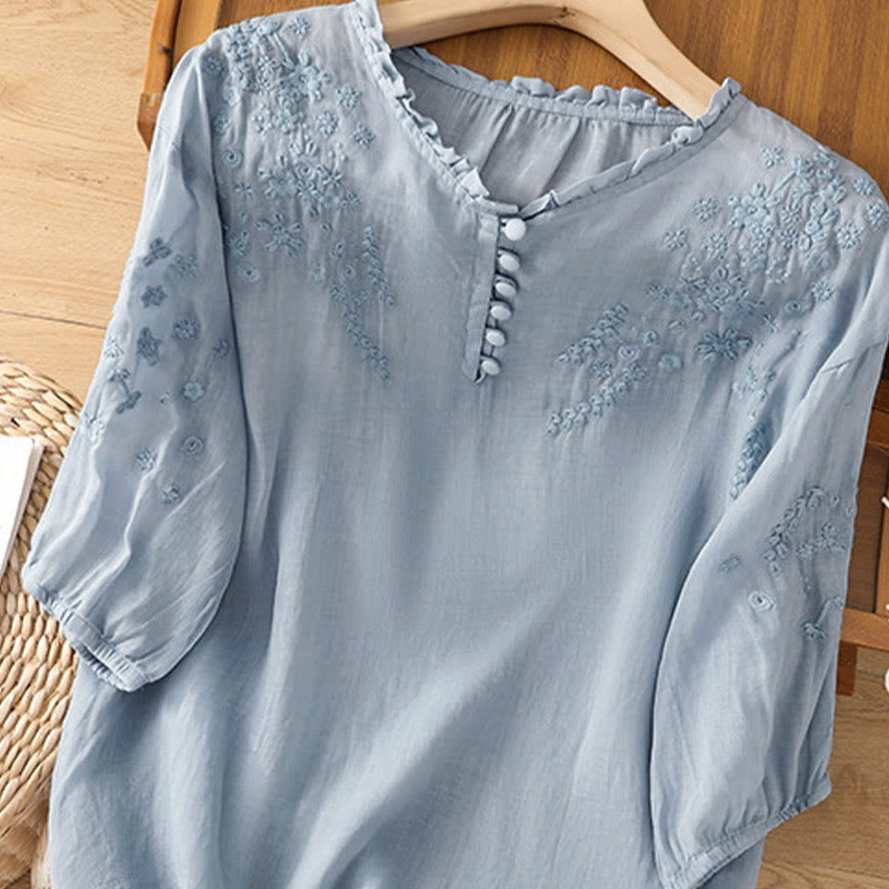 Nimara Ritual Casual Plain Button Floral Embroidered Design Puff Half Sleeve Women's Shirt