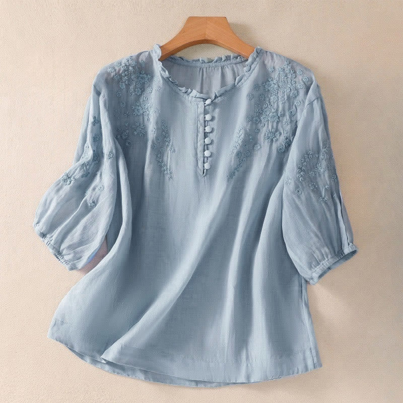 Nimara Ritual Casual Plain Button Floral Embroidered Design Puff Half Sleeve Women's Shirt