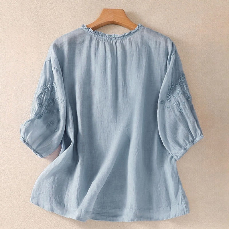 Nimara Ritual Casual Plain Button Floral Embroidered Design Puff Half Sleeve Women's Shirt
