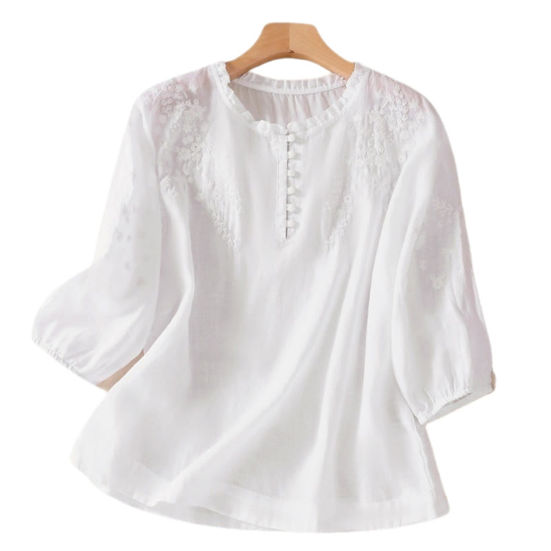 Nimara Ritual Casual Plain Button Floral Embroidered Design Puff Half Sleeve Women's Shirt