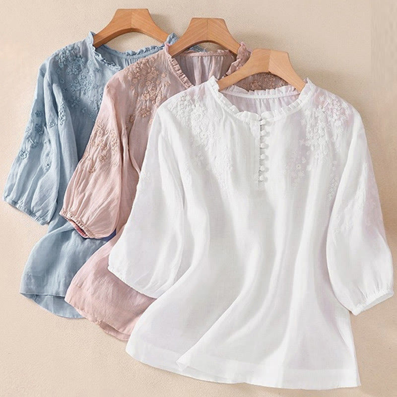 Nimara Ritual Casual Plain Button Floral Embroidered Design Puff Half Sleeve Women's Shirt