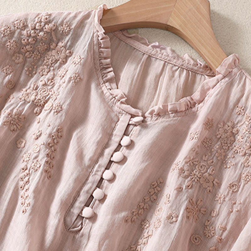Nimara Ritual Casual Plain Button Floral Embroidered Design Puff Half Sleeve Women's Shirt
