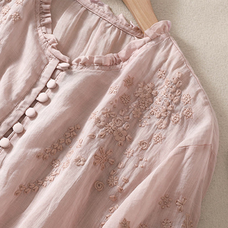 Nimara Ritual Casual Plain Button Floral Embroidered Design Puff Half Sleeve Women's Shirt