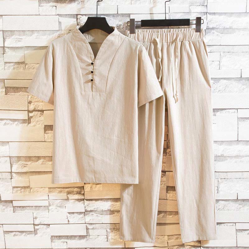 Nimara Ritual 2Pcs Solid Color Cotton Button Short Sleeve T-shirt Pants Men's Set