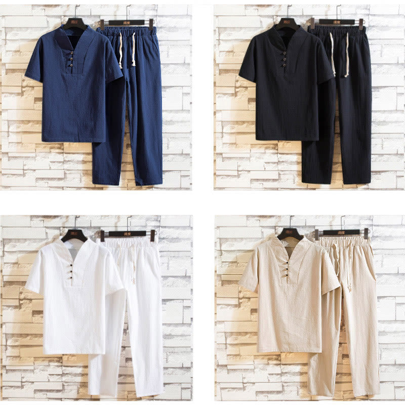 Nimara Ritual 2Pcs Solid Color Cotton Button Short Sleeve T-shirt Pants Men's Set