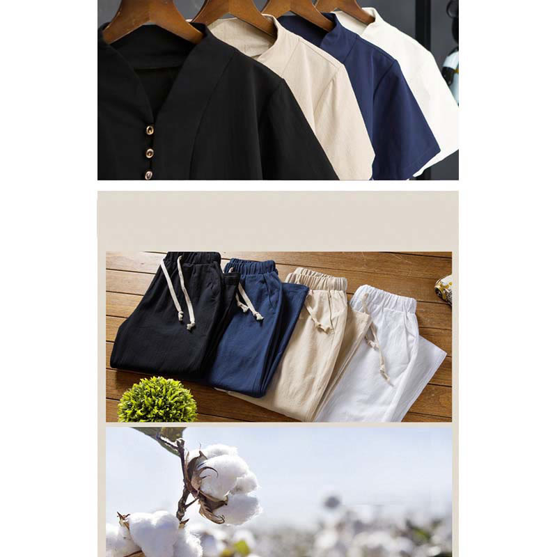 Nimara Ritual 2Pcs Solid Color Cotton Button Short Sleeve T-shirt Pants Men's Set
