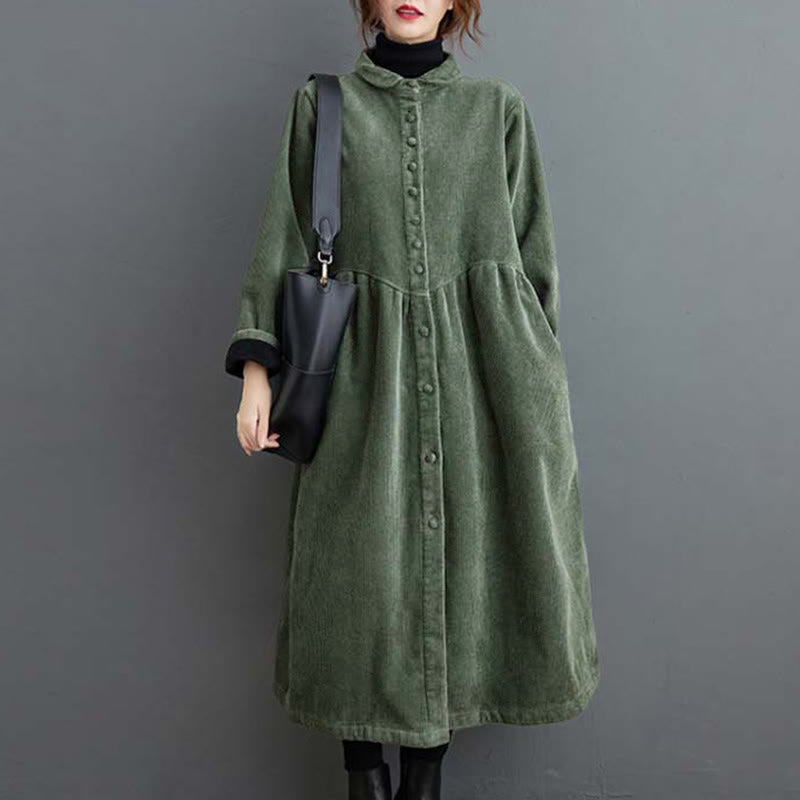 Nimara Ritual Plain Buttons Long Sleeve Women's Corduroy Fleece-Lined Coat With Pockets