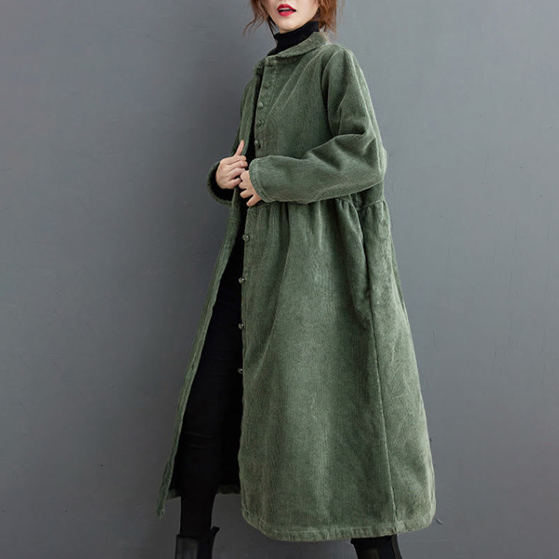 Nimara Ritual Plain Buttons Long Sleeve Women's Corduroy Fleece-Lined Coat With Pockets