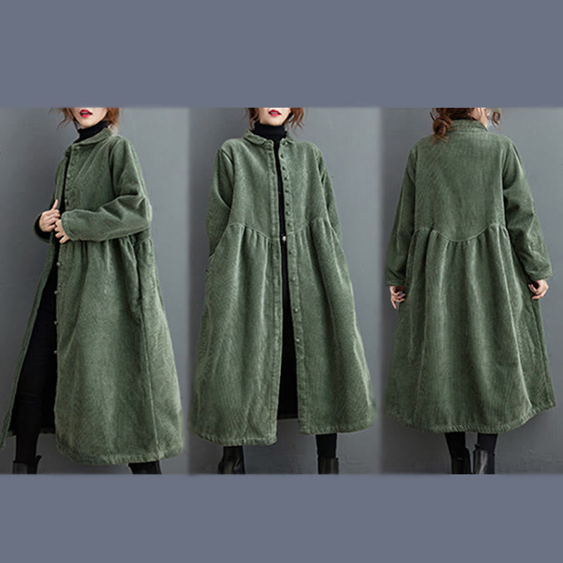 Nimara Ritual Plain Buttons Long Sleeve Women's Corduroy Fleece-Lined Coat With Pockets