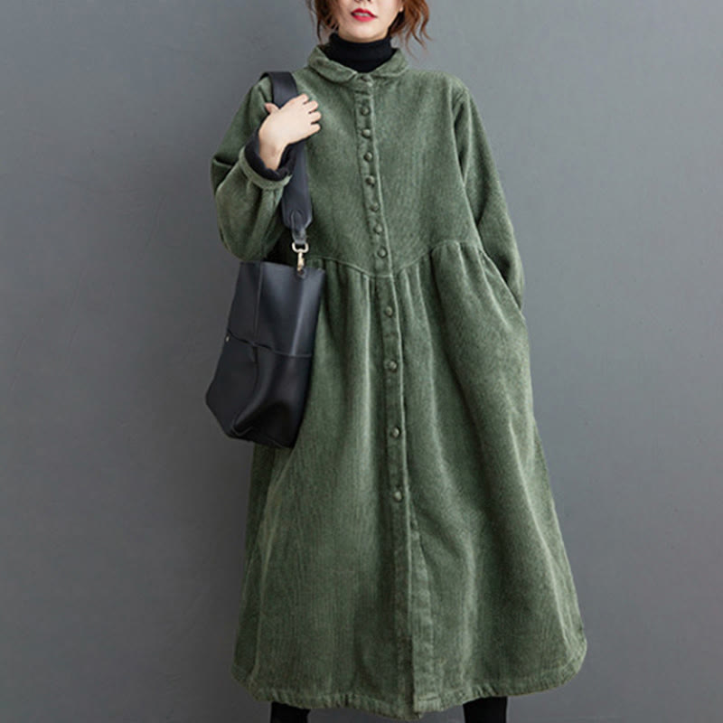 Nimara Ritual Plain Buttons Long Sleeve Women's Corduroy Fleece-Lined Coat With Pockets