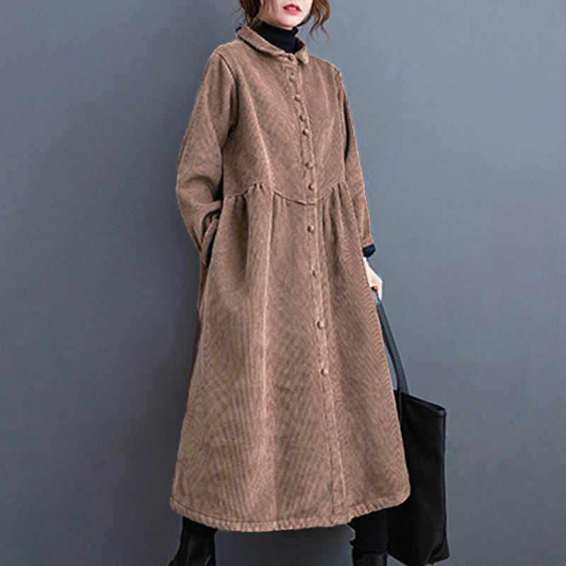 Nimara Ritual Plain Buttons Long Sleeve Women's Corduroy Fleece-Lined Coat With Pockets