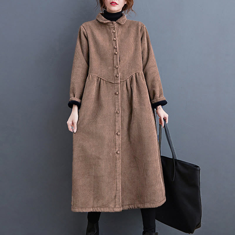 Nimara Ritual Plain Buttons Long Sleeve Women's Corduroy Fleece-Lined Coat With Pockets