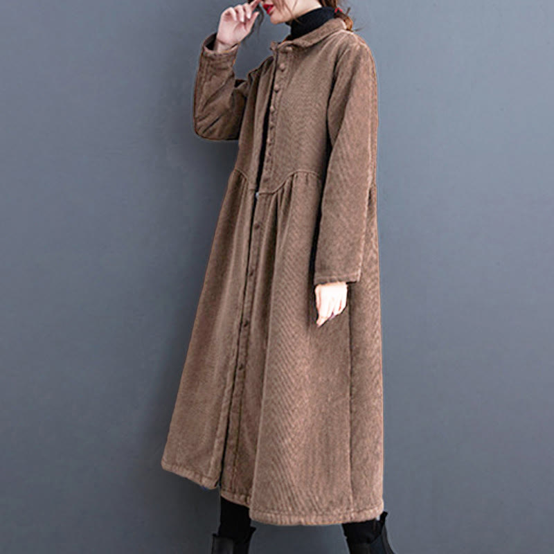 Nimara Ritual Plain Buttons Long Sleeve Women's Corduroy Fleece-Lined Coat With Pockets