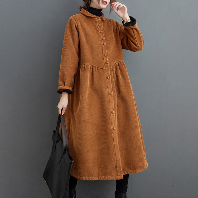 Nimara Ritual Plain Buttons Long Sleeve Women's Corduroy Fleece-Lined Coat With Pockets