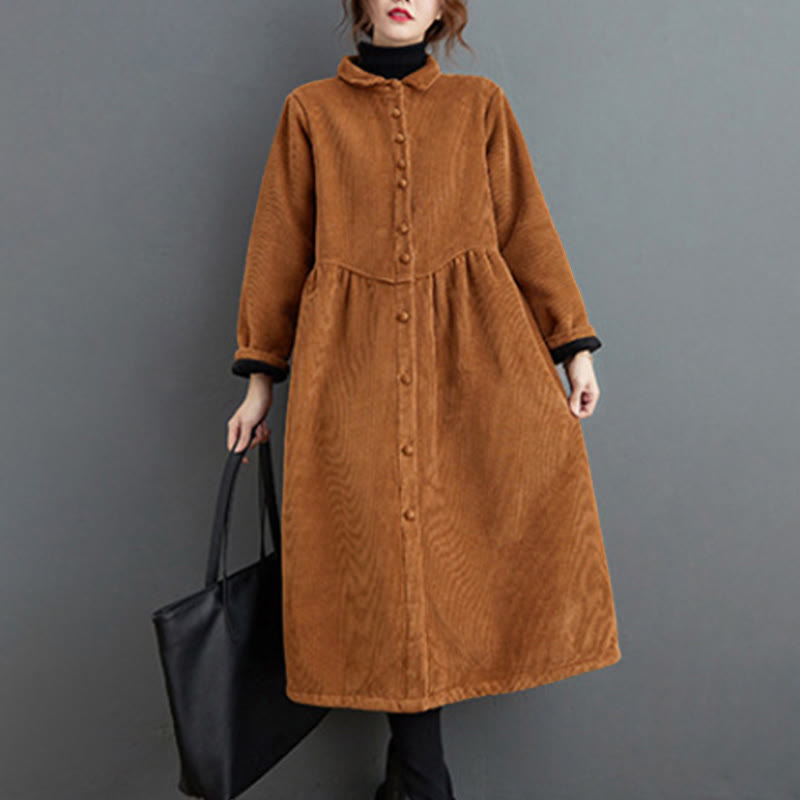 Nimara Ritual Plain Buttons Long Sleeve Women's Corduroy Fleece-Lined Coat With Pockets